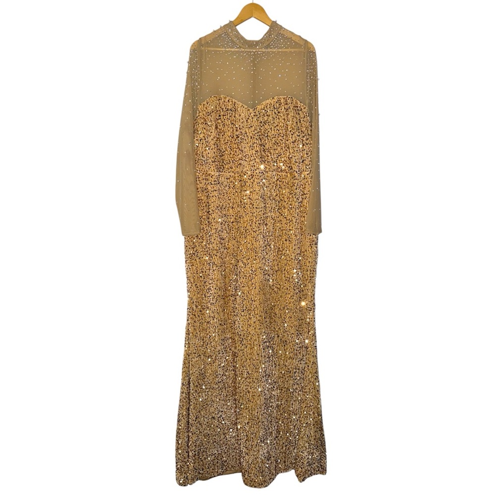 Golden‎ Fairy Beaded Regal Pearl Accent Mesh Long Sleeve Velvet Sequin Gown Plus